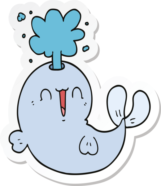 Bir insan tarafından çizilmiş su püskürten bir karikatür balinasının etiketi.