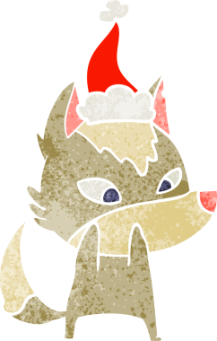 Utangaç el, bir insan tarafından çizilmiş Noel Baba şapkası takan bir kurdun retro karikatürü.