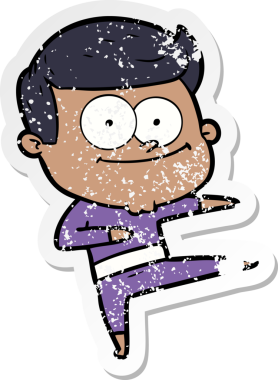 Bir insan tarafından çizilmiş üzgün bir çizgi film çıkartması mutlu bir adamın dansı.