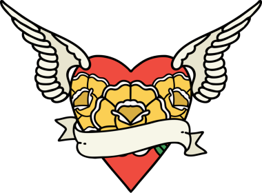 Geleneksel kalp tarzında dövmeler. Kanatlı çiçekler ve bir insan tarafından çizilmiş pankartlar.