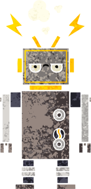 Bir insan tarafından çizilmiş arızalı bir robotun retro çizim tarzı karikatürü