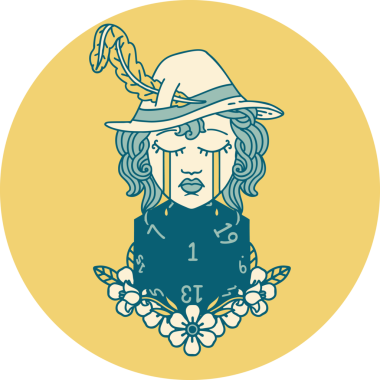 Ağlayan insan ozan ikonu ve bir insan tarafından çizilmiş bir D20 zar.