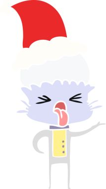 Bir insan tarafından çizilmiş Noel Baba şapkası giyen bir uzaylının düz renkli çizimi.