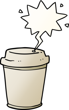 Bir insan tarafından çizilmiş, konuşma baloncuklu çizgi film kahve fincanı.