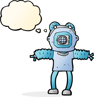 Bir insan tarafından çizilmiş düşünce balonlu derin deniz dalgıcı.