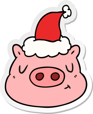 Bir insan tarafından çizilmiş Noel Baba şapkası takan domuz suratlı bir el yazısı.