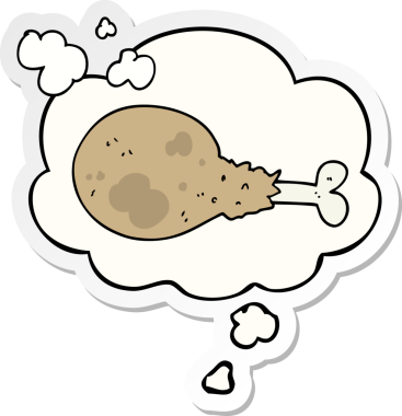 Düşünce baloncuğuyla pişirilmiş tavuk budu bir insan tarafından çizilmiş çıkartma.