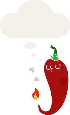 Düşünce baloncuklu sıcak kırmızı biber çizgi filmi bir insan tarafından çizilmiş.