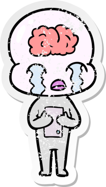 Bir çizgi filmin sıkıntılı çıkartması. Bir insan tarafından çizilmiş büyük beyinli uzaylı ağlaması.