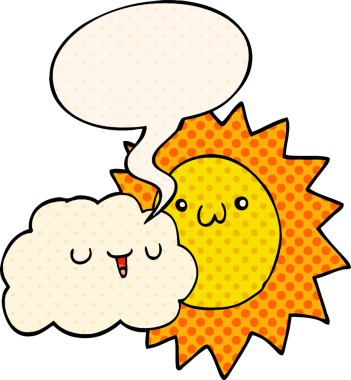 Bir insan tarafından çizilmiş çizgi roman tarzında konuşma baloncuğu olan güneş ve bulut.