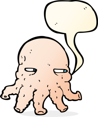 Bir insan tarafından çizilmiş konuşma baloncuklu uzaylı yüzü.