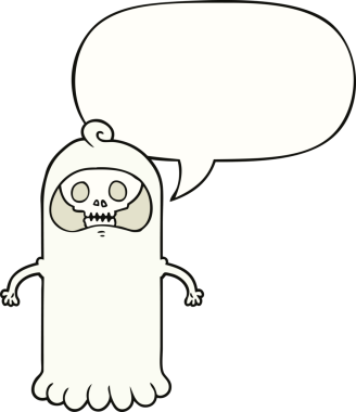 Bir insan tarafından çizilmiş konuşma baloncuğu olan tuhaf kafataslı bir karikatür.