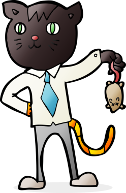 Bir insan tarafından çizilmiş ölü fareli çizgi film kedisi.