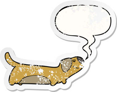 Konuşma baloncuğu olan çizgi film köpeği bir insan tarafından çizilmiş sıkıntılı eski bir çıkartma