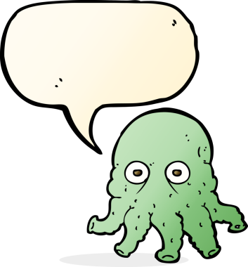 Bir insan tarafından çizilmiş konuşma baloncuklu uzaylı mürekkep balığı yüzü.