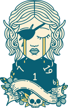 Retro Dövme Tarzı Hüzünlü elf karakteri yüzü ve bir insan tarafından çizilmiş bir d20 rulosu.