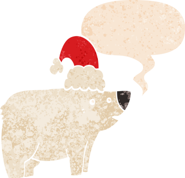 Çizgi film ayısı Noel şapkası takıyor ve grunge şeklinde konuşma balonu takıyor.