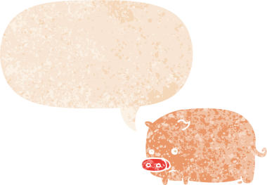 Grunge 'da konuşma baloncuğu olan sevimli çizgi film domuzu bir insan tarafından çizilmiş sıkıntılı retro dokuma tarzı