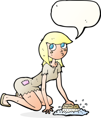 Çizgi film Cinderella bir insan tarafından çizilmiş konuşma balonuyla yerleri ovalıyor.