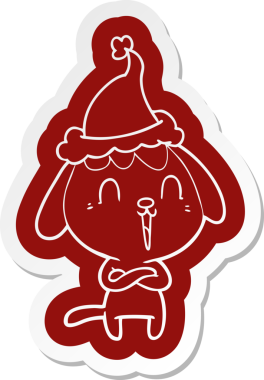 Bir insan tarafından çizilmiş Noel Baba şapkası takan bir köpeğin komik çizgi film çıkartması.