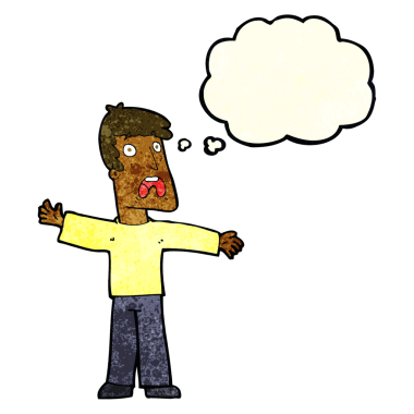 Bir insan tarafından çizilmiş düşünce baloncuğu olan korkmuş bir adam.