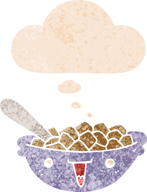 Hoş bir çizgi film mısır gevreği kasesi. Düşünce baloncuğu ve grunge dertli retro desenli bir insan tarafından çizilmiş.