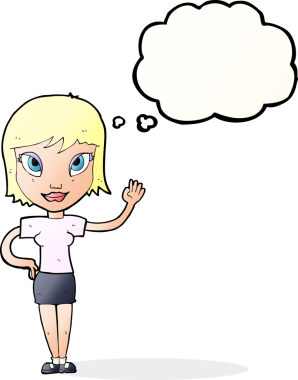 Bir insan tarafından çizilmiş düşünce baloncuğuyla el sallayan çizgi film kadını.