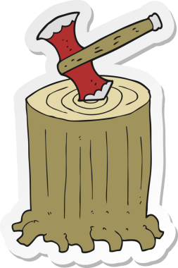 Bir insan tarafından çizilmiş ağaç kütüğü ve baltanın çıkartması.