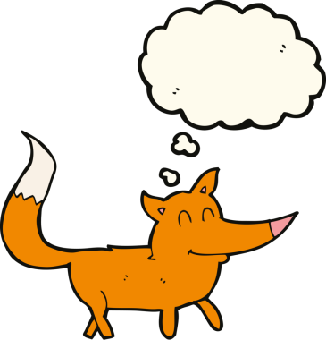 Bir insan tarafından çizilmiş düşünce baloncuklu küçük tilki.