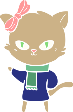 Bir insan tarafından çizilmiş kışlık giysili şirin düz renkli çizgi film kedisi.