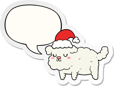 Bir insan tarafından çizilmiş konuşma balonu çıkartmalı şirin bir Noel köpeği.