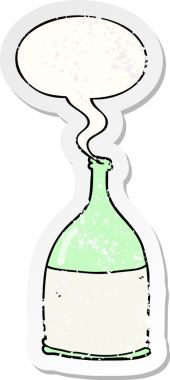 Konuşma baloncuklu çizgi film şişesi bir insan tarafından çizilmiş sıkıntılı eski bir çıkartma.