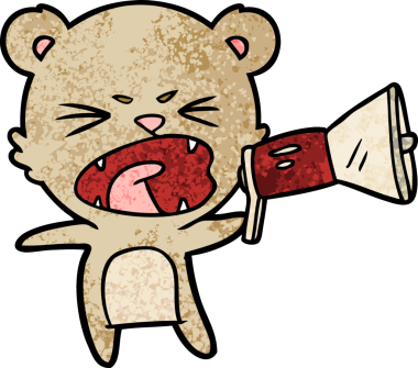 Kızgın çizgi film ayısı bir insan tarafından çizilmiş megafona bağırıyor.