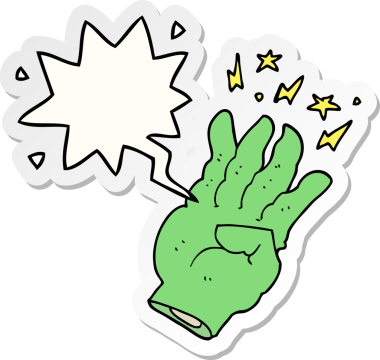 bir insan tarafından çizilmiş konuşma kabarcığı çıkartmalı tuhaf, sihirli bir el.