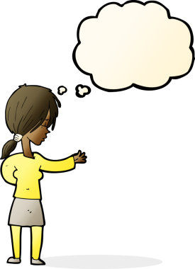 Bir insan tarafından çizilmiş düşünce balonuyla hareket eden karikatür kadın.