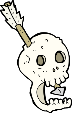 Bir insan tarafından çizilmiş komik bir kafatası ve ok.