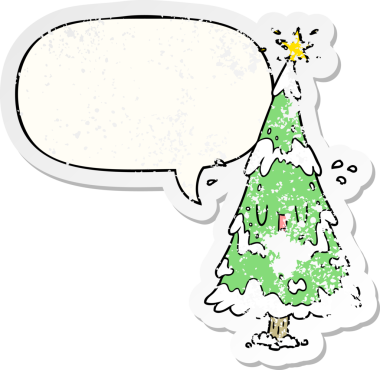 Karlı bir karlı Noel ağacı, gülen yüzlü, konuşma baloncuklu, sıkıntılı, yaşlı bir insan tarafından çizilmiş bir çıkartma.