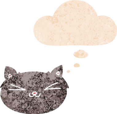 Mutlu çizgi film kedisi. Düşünce baloncuğu ve grunge dertli eski moda bir insan tarafından çizilmiş.