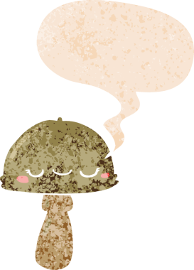 grunge 'da konuşma baloncuğu olan karikatür mantarı bir insan tarafından çizilmiş dertli retro dokuma tarzı