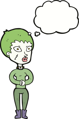 Bir insan tarafından çizilmiş düşünce balonlu zombi kız.