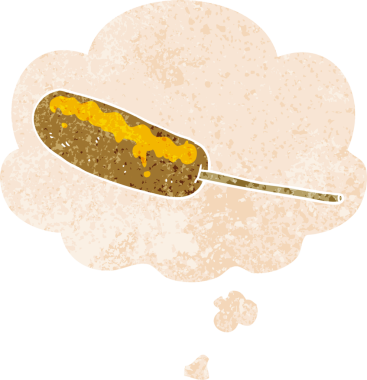 Düşünce baloncuklu çubuk üzerinde çizgi film sosislisi grunge sıkıntı retro stili bir insan tarafından çizilmiş