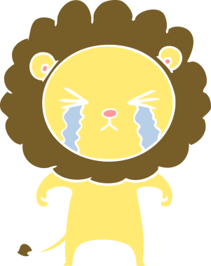 Bir insan tarafından çizilmiş düz renkli karikatür ağlayan aslan