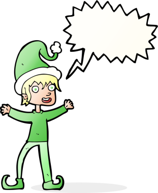 Bir insan tarafından çizilmiş bir konuşma balonuyla Noel elfini heyecanlandıran bir çizgi film