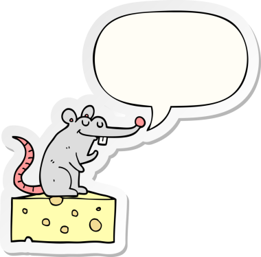 Bir insan tarafından çizilmiş konuşma kabarcığı etiketli peynirin üzerinde oturan çizgi film faresi.