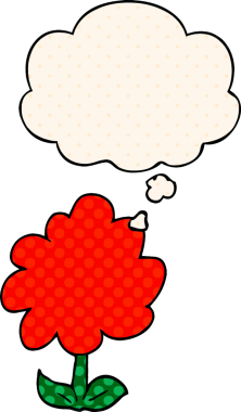 Bir insan tarafından çizilmiş, düşünce baloncuklu çizgi film çiçeği.