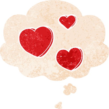 Düşünce baloncuklu karikatür aşk kalpleri bir insan tarafından çizilmiş dertli retro stil