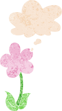 Düşünce baloncuğu ve grunge ile sevimli karikatür çiçek bir insan tarafından çizilmiş sıkıntılı retro doku