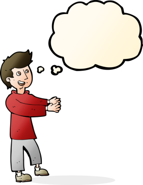 Bir insan tarafından çizilmiş düşünce balonlu mutlu adam çizgi filmi.