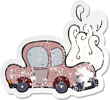 Bir insan tarafından çizilmiş bozulmuş bir araba karikatürünün gerilimli retro yapıştırması