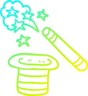 Bir insan tarafından çizilmiş bir çizgi çizgi roman sihirbazının şapkası ve değneği.